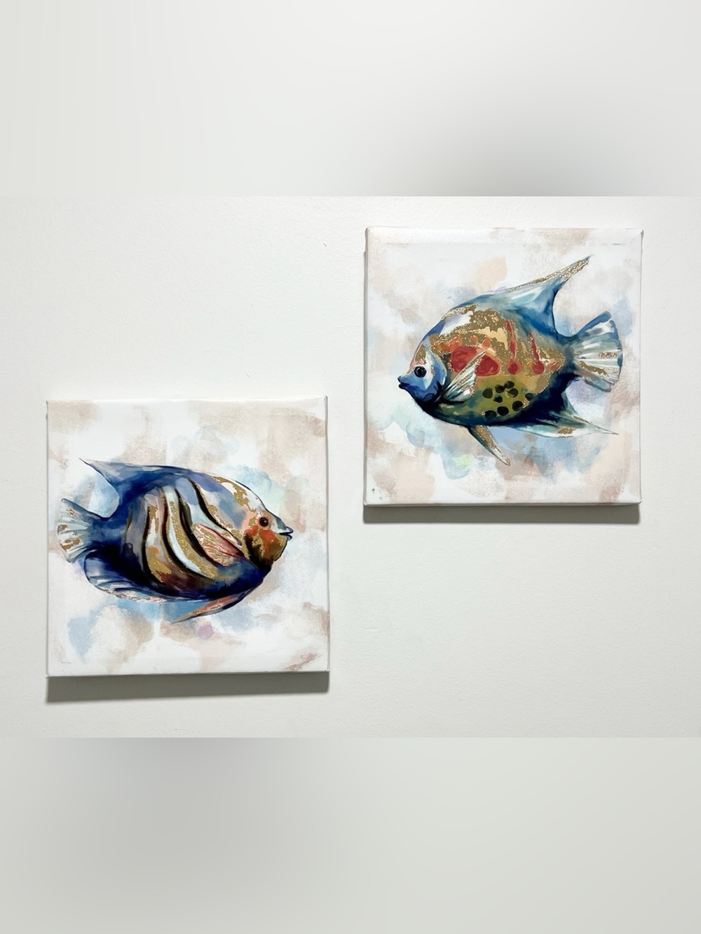2 Blue and Gold Fish Wall Art Canvas